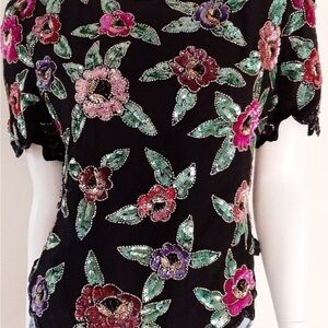 🔥Laurence Kazar Beaded Sequin Black Silk Blouse